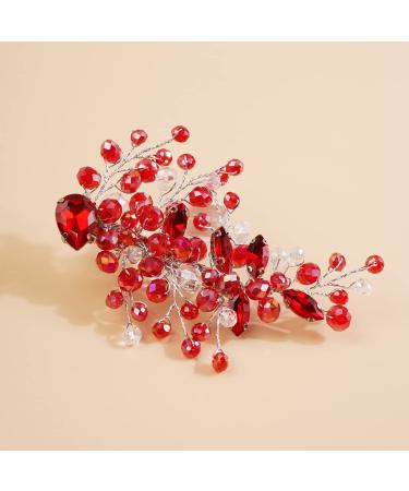 Kercisbeauty Red Crystal Hair Piece for Women and Girls Wedding Bridal Hair Clips Boho Cute Rhinestones Hair Accessory (Red)