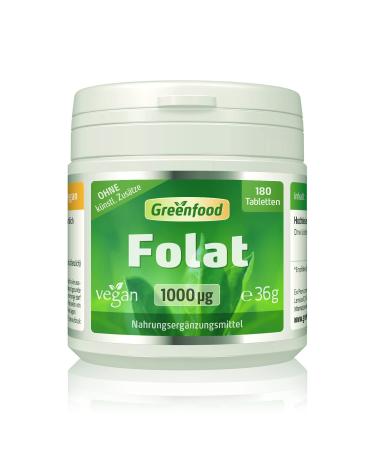 Green food folate 1000 g extra high dose 180 tablets vegan - for blood formation amino acid synthesis and during pregnancy.Without artificial additives.Without genetic technology.Vegan.36 g (1 Pack) - Buy Online on GoSupps.com