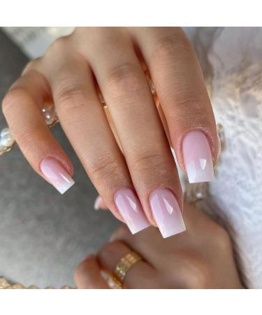 KQueenest Ombre Pink Press on Nails - Short Medium Square French Manicure | 24 Pcs Gel Fake Nails for Women - Glossy Gradient Acrylic Nails - Buy Online on GoSupps.com