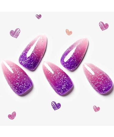 Color Changing Gel Press on Nails Short Almond Nails, Pink Purple Glitter Temperature Mood Change Fake Nails Galaxy Ombre Glue on Nails Medium Oval Thermochromic Acrylic False Nail Kits Stick on Static Nails for Women 24 Pcs - GLAMERMAID A2-Thermochromic 