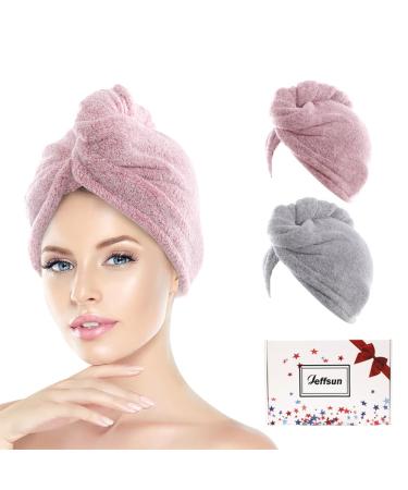 Jeffsun hair dryer towels for women and little girls 2 pieces super absorbent microfiber towels for hair drying (pink + gray) pink + gray