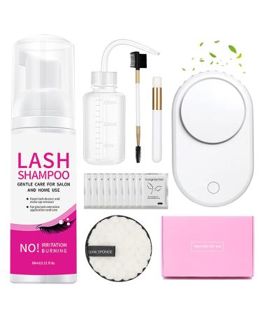 Eyelash Extension Cleanser Kit with 60ml Eyelash Shampoo Lash Cleaning Kit with USB Fan Eye Gel Pads Mascara Brushes Micro Brushes Lash Cleanser for Extensions Perfect for Salon Home Use white