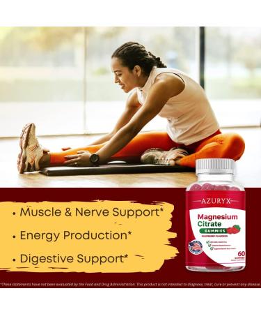 Azuryx Magnesium Citrate Gummies - Muscle, Nerve, Bone Health, Stress Relief - Raspberry Flavor, 60 Gummies - Buy Online on GoSupps.com