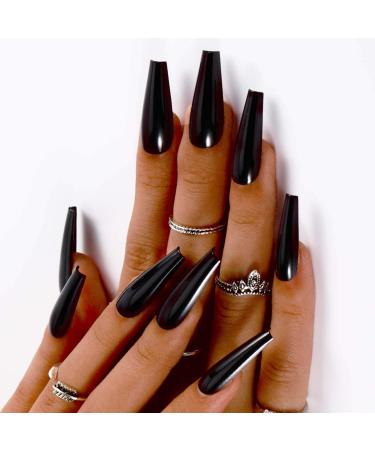 Outyua Super Long Black Glossy Press on Nails - 24Pcs Coffin Designer False Nails for Women and Girls - Buy Online on GoSupps.com