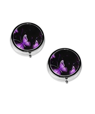(Butterfly Purple) Round Pill Box 3 Compartment Pill Box Mini Decorative Pocket Purse Portable Travel Medicine Tablet Vitamin Holder Organizer Pill Case