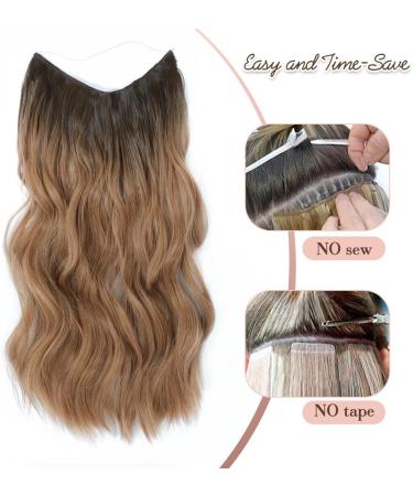 Invisible Wire Hair Extensions | Natural Wavy Synthetic Hair | Adjustable Size | Long Curly Hairpieces for Women - 16inch Ombre Caramelo with Dark Root - Buy Online on GoSupps.com
