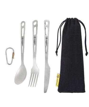 SILVERANT Titanium 3 Piece Cutlery Set, Extra Strong Ultra-Lightweight Durable Knife Fork & Spoon Tableware for Outdoor Camping & Hiking, Comes with Drawstring Bag & Titanium Carabiner 3 SET