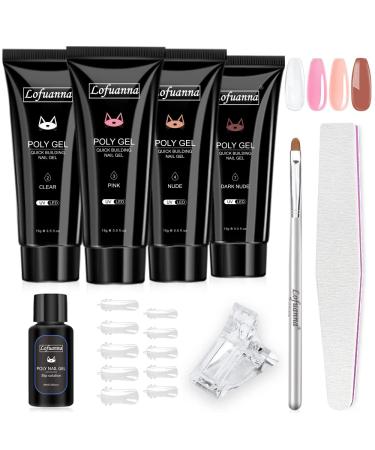 Lofuanna 4PCS Poly Gel Nail Kit 4 Colors with Slip Solution-Builder Gel Poly gel nail kit starter kit Clear&Pink&Dark nude&Nude Extension Gel Kit Professional Technician All in One French Kit
