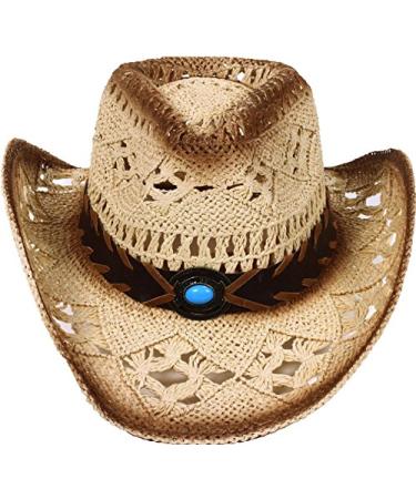 Men's & Women's Western Style Cowboy / Cowgirl Straw Hat with Bull Big Bead Band - Beige