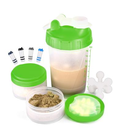 16 OZ Protein Workout Shaker Bottle with Mixer Ball and 2 close-connected Storage Jars for Pills, Snacks, Coffee, Tea. 100% BPA-Free, Non Toxic and Leak Proof Sports Bottle 1pc Green