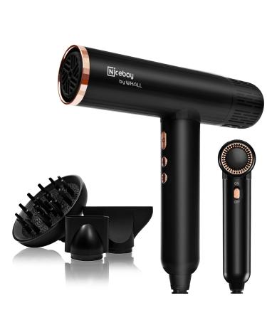Nicebay Ionic Hair Dryer  Professional Salon Blow Dryer with Diffuser  110000RPM High-Speed Brushless Motor for Fast Drying  Auto-Cleaning  1600W Low Noise Lightweight Hairdryer with 3 Attachments Black&gold