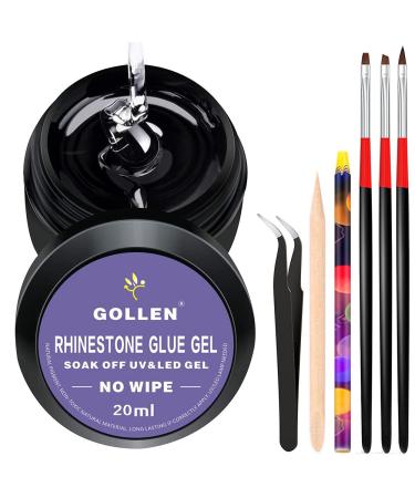20ml Rhinestones Nail Glue Gel, Nails Art Glue Set Nail Glue for Stones and Gems Jewelry Adhesive Clear Decoration Kit with 1 Wax Picking Pencil, Stick& 3pcs Nail Brushes, Tweezer(UV/LED Cure Needed)