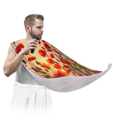 Poppy Sunset Pattern Beard Bib Apron Beard Bib Hair Catcher for Men Shaving and Trimming Non-Stick Waterproof Beard Cape Grooming Cloth with 2 Suction Cups Gifts for Men