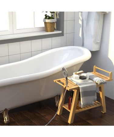 ETECHMART 2-Tier Bamboo Shower Bench  24 Inch Spa Stool with Storage Shelf for Inside Shower Legs Shaving  Entryway or Bathroom  A-Shaped Shower Bath Seat for Seniors Adults Disabled Women  Natural 24Ã20Ã12 Inch+Bamboo - Buy Online on GoSupps.com