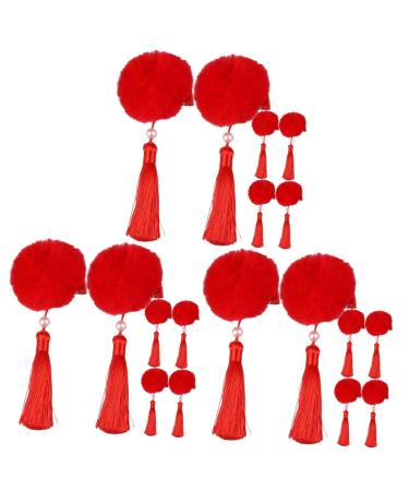 minkissy 9 Pairs Tassel Hair Ball Hair Clip Girl Hair Accessories Hair Barrettes for Thick Hair Chinese New Year Hair Barrettes Red Long Tassels Flower Head Artificial Fur Girl Child