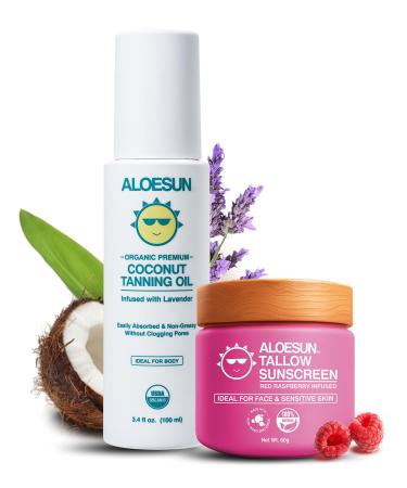 Organic Tanning Oil & Beef Tallow Sunscreen Bundle - Natural SPF 30 Protection with Coconut Lavender Scent - Reef Safe Mineral Sunblock & Moisturizing Tan Spray - Vegan Travel Size Set