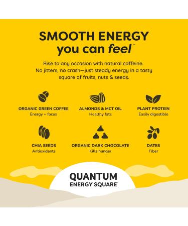 QUANTUM Energy Square | Organic Caffeinated Protein Bars | Plant Based, Gluten-Free, Vegan | 10g Protein | MCT Oil | Healthy Breakfast Snacks | Non-GMO | Dairy & Soy Free | 8 Pack Variety - Buy Online on GoSupps.com