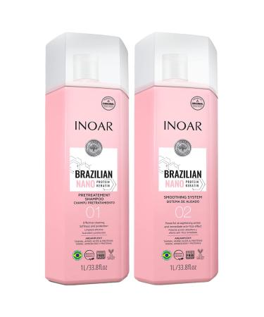 INOAR - Nano Keratin Deep Cleansing Shampoo (Step 1) & Volume Reducer (Step 2) Chemically Treated Hair AntiFrizz Coconut Vegan Hair Product Cruelty Free Haircare for Men and Women (1 Liter Duo)