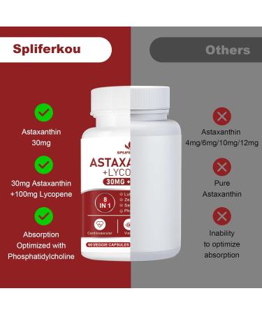 Spliferkou Astaxanthin and Lycopene 70mg Astaxanthin Supplement with Phosphatidylcholine Lutein and Zeaxanthin Powerful Antioxidants Supplement (180 Capsules) - Buy Online on GoSupps.com