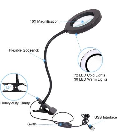 10X Magnifying Lamp with Light & Clip | Adjustable Gooseneck & 3 Color Modes | USB Powered Magnifier for Hobbies, Reading, Crafts - Buy Online on GoSupps.com