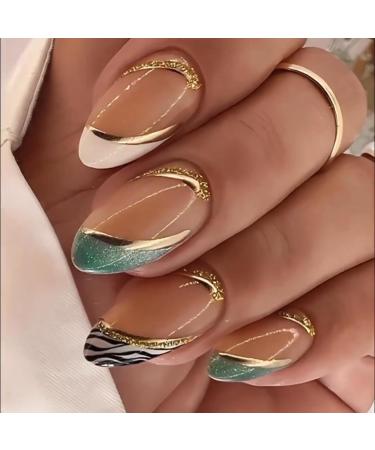 French Tip Press on Nails with Nail Tips Green almond shaped fake nails with black and gold stripe design press on nails Acrylic False Nails Cute Artificial Nails