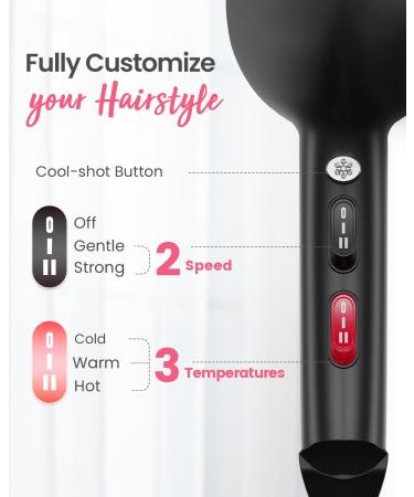 Dekuri Professional Ionic Hair Dryer AC Motor Fast Drying Salon Blow Dryer with Diffuser Nozzle for Curly and Straight Hair Cool Button 2 Speed & 3 Heat Setting - Black - Buy Online on GoSupps.com