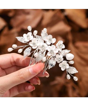 Unicra Flower Bride Wedding Hair Comb Silver Pearl Hair Accessories Crystal Bridal Headpiece for Women and Bridesmaid - Buy Online on GoSupps.com
