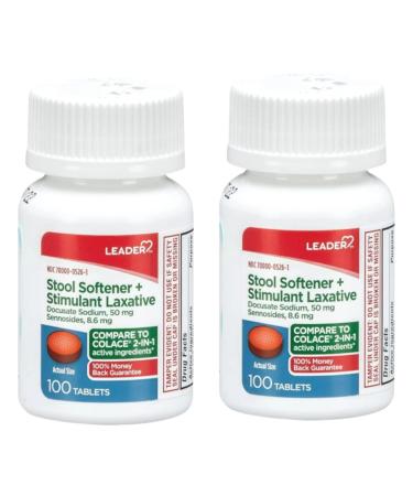 Leader 2-in-1 Stool Softener & Stimulant Laxative Docusate Sodium 50mg Sennosides 8.6 mg Gentle Occasional Constipation Relief for Adults Both Men & Women & Children Ages 6+ 100 Tablets 2-Pack