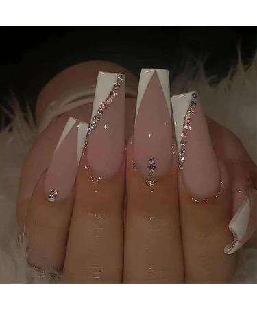 Fake Nails Almond Glue on Nails False Nails with Adhesive Tabs Acrylic Nails for Women and Girls A_Long Coffin-White French