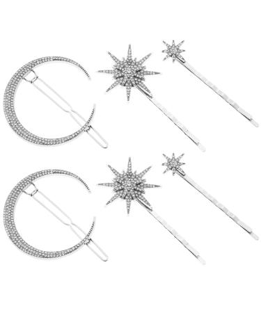 Lurrose 2pcs moon and star hair clips vintage rhinestone star hairpins hair barrettes alloy hair pins for women girl thick hair accessories (silver)