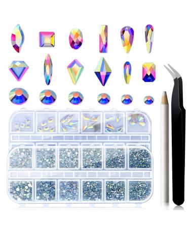 Yagoyan Nail Rhinestones Set, 1870 Pieces Flatback Crystal AB Nail Gems and Rhinestones + 60 Pieces Multi Shape Glass 3D Nail Jewels, Nail Bling Diamonds for Nails with Nail Art Accessories Stuff