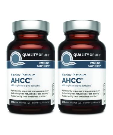 Quality of Life 2 Pack AHCC Kinoko Platinum 750 mg Premium Immune Support Supplement 60 Count Bottles