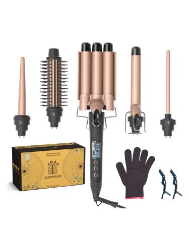 Hair Curling Iron 5 in 1 Curling Wand Set with 3 Barrel Hair Crimper Fast Heating Hair Wand Curler with Ceramic Long Barrel Curling Wand Heat Protective Glove & 2 Clips Included 5 Sets