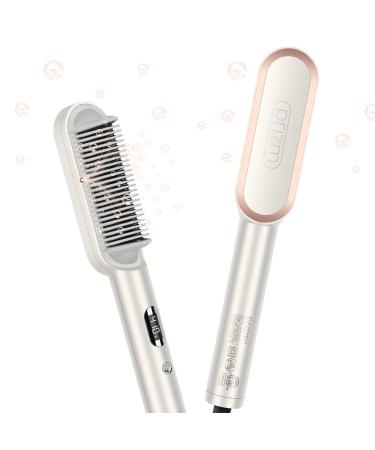 Prizm Hair Straightener Brush 20s Fast Heating Negative Ions Hair Straightening Comb with Less Frizz 4 Temp Settings & LED Display Anti-Scald Design for Home Salon Dual Voltage Champagne Silver