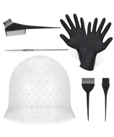 BOWINR 5 Pieces Hair Coloring Highlighting Cap, Silicone Highlight Cap Pull Through Caps Hair Coloring Frosting Cap with Hook, Hair Highlighting Kit Gloves and Brush for Salon Tools Women Men