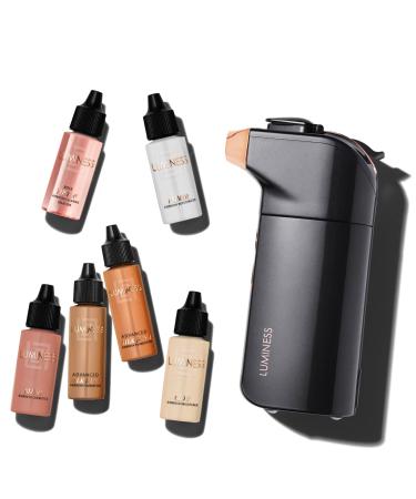 Luminess BREEZE DUO Airbrush Makeup System Tan Coverage 9-Piece Kit includes 2x Silk Airbrush Foundation Apricot Shade Blush Glow Highlighter Moisturizer Primer and Airbrush Cleaning Solution