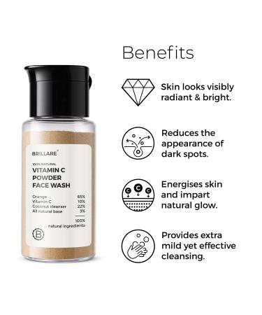 BRILLARE Real Vitamin C Powder Face Wash Daily Brightening Facial Cleanser with Orange Peel Powder Paraben & Sulfate-free Complete Natural Skincare for Men & Women 15gm - Buy Online on GoSupps.com