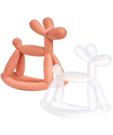 Smooch Rocking Teething Toys for Babies 0-6 Months 12 18 - Easy to Hold Silicone Baby Teether Soft Infant Teething Toys Provides Baby Teething Relief & Soothes Sore Gums (Coral+Clear)