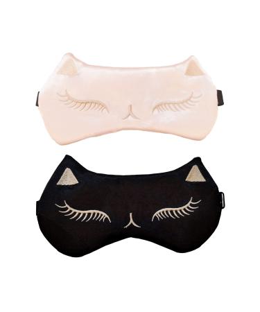 Mukveitn Cute Cat Sleep Mask for Kids 2 Pack Silk Sleeping Eye Cover Adjustable Mask Night Eyeshade Cover for Girls Boys Women Men Sleep Travel Nap Party Supplies