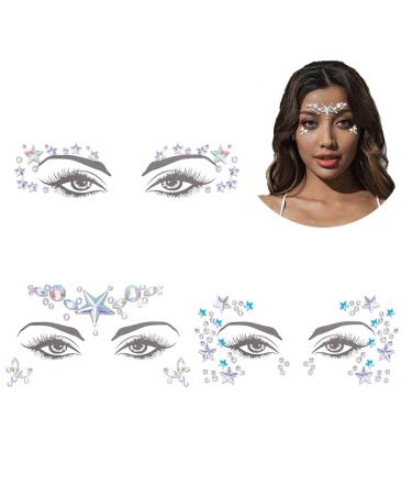 3 Pieces Star Face Stickers Crystdl Face Jewels Rhinestone Silver Rave Party Accessories for Women and Girls (A)