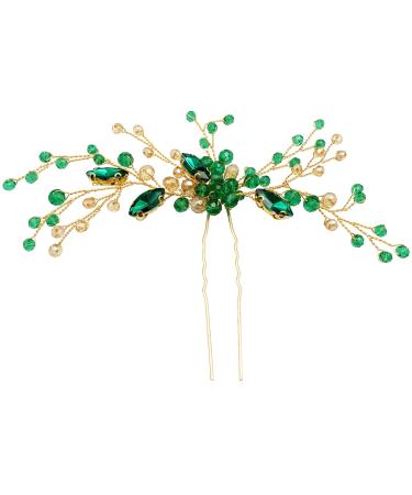 BETITETO Crystal Bridal Hair Pin Emerald Green Gold Hair Vine Accessories Headpiece Elegant for Wedding Party Banquet (Emerald Green)