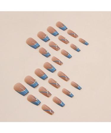 Blue French Press On Nails with Pearl Design - Cute Ballet Shaped Reusable Acrylic Coffin Nails for Women - Buy Online on GoSupps.com