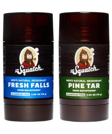Dr. Squatch Men's Natural Deodorant - Aluminum-Free Deodorant - Natural Deodorizer - made w/postbiotics & charcoal - Deodorant for Men - Fresh Falls and Pine Tar (2 Pk)