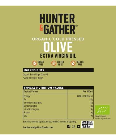 Hunter & Gather 500ml Organic Cold Pressed Extra Virgin Olive Oil - Perfect for Drizzling, Dipping & Dressing | Keto, Low Carb & Paleo Friendly - Buy Online on GoSupps.com
