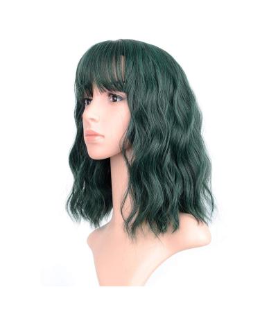 FAELBATY Wavy Wig Short Bob Green Wigs With Air Bangs Shoulder Length Women's Wig Curly Wavy Synthetic Cosplay Wig Green Bob Wig for Girl Dark Geen Color Wigs MIX GREEN