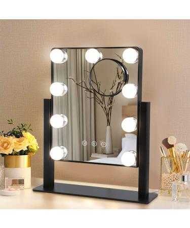 Hollywood Lighted Vanity Makeup Mirror with Lights, Depuley Plug-in Light Up Mirror with 9 Dimmer Led Bulbs Smart Touch Control 3 Color Lighting Modes, Detachable 10X Magnification 360°Rotation(Black) Black 12in