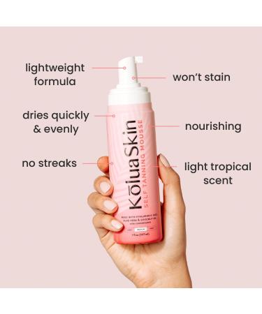 KoluaSkin Self Tanner Mousse - Natural Sunless Fake Tan Quick-Drying Streak-Free Hydrating Light Tropical Scent 7oz - Ideal for Sensitive Skin - Buy Online on GoSupps.com