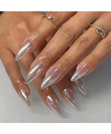 MERVF Press on Nails Medium Almond Fake Nails Ombre French Tip Stiletto Glue on Nails with Design 24pcs Glossy Acrylic Nails for Women 42-13