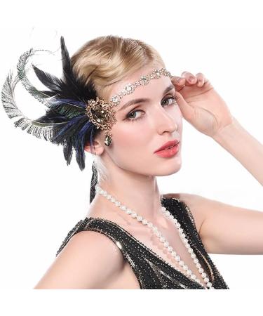 IYOU Crystal Feather Flapper Headpiece Black Rhinestone Headband 1920s Gatsby Hair Accessories for Women Vintage Festival Prom Costume - Buy Online on GoSupps.com
