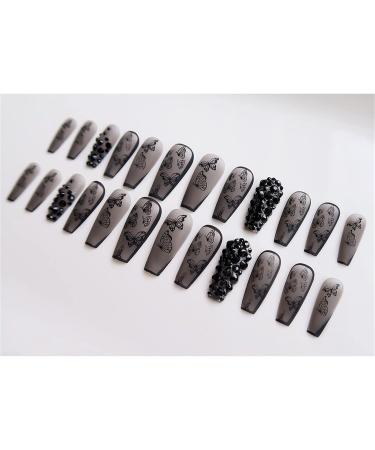False Nails Long Square Full Cover Glue Included Black Butterfly with Diamond Matte Press on Nails 24 Pieces Nail Art Tip with Box for Nail Salons and Women DIY Nail Art - Buy Online on GoSupps.com